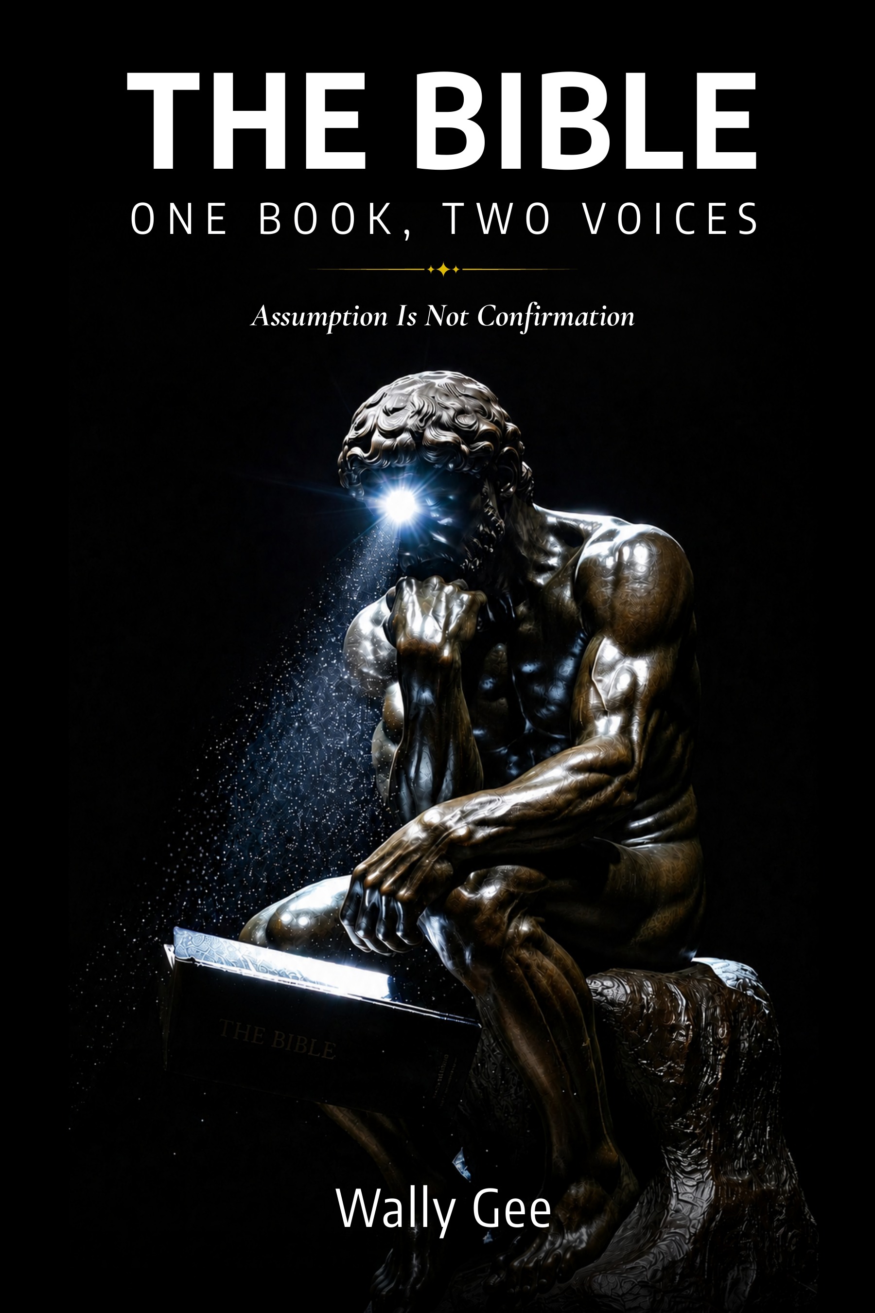 Book cover: The Bible — One Book, Two Voices by Wally Gee. A bronze thinker statue with a headlamp studies an open Bible in darkness.